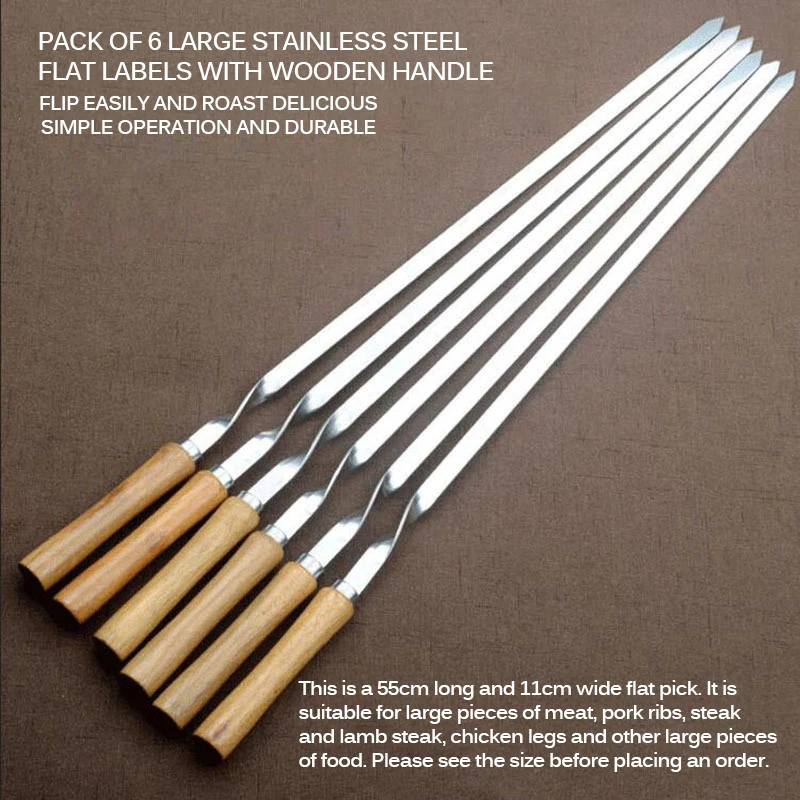 

6pcs BBQ Skewer Stainless Steel Shish Kebab BBQ Fork Set Long Flat Wood Handle Barbecue Needle Meat Grill Outdoor Tools