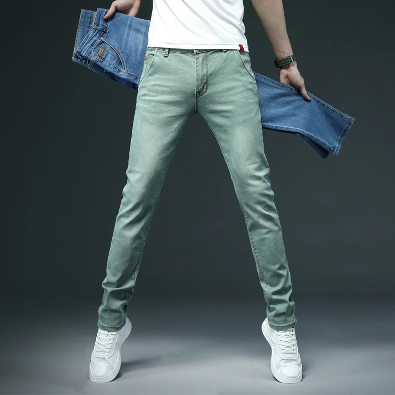 2022 Classic Style Men Brand Jeans Business Casual Stretch Slim Denim Pant Light Blue Trousers Male Comfort Straight Denim Pants