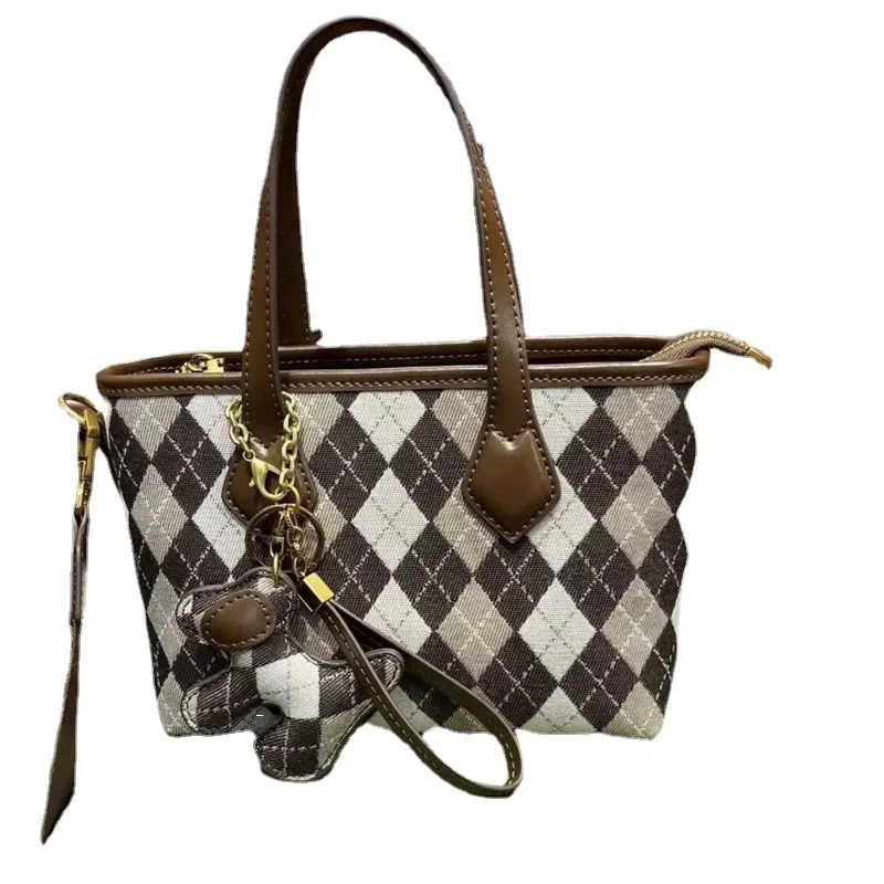 

Luxurious plaid portable vegetable basket handbag leather women's bag 2023 new color contrast single-shoulder satchels sac