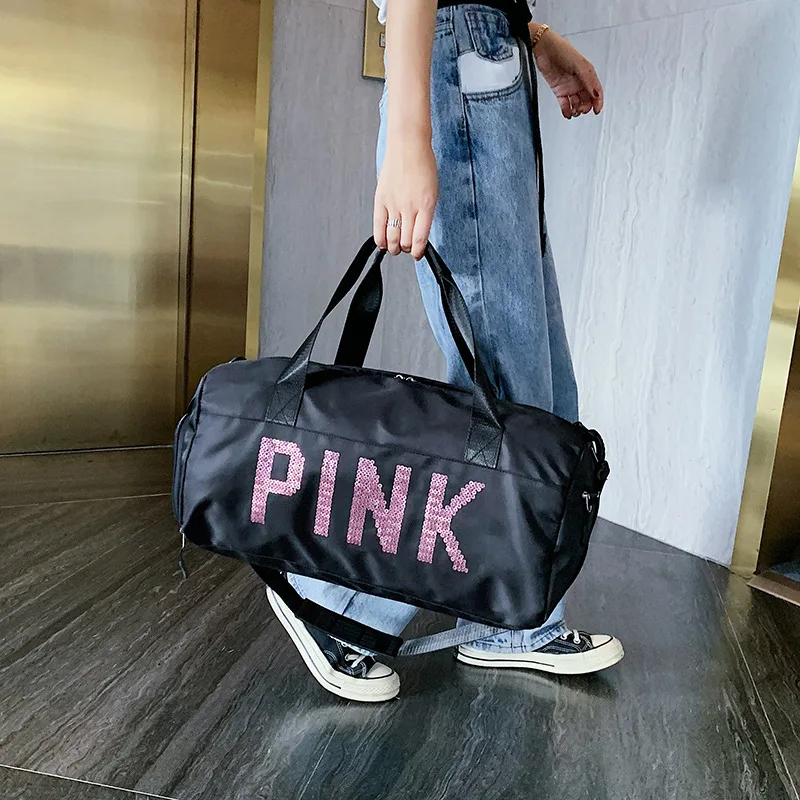 New Sequins Pink Gym Women Shoe Compartment Waterproof Sport Bags for Fitness Training