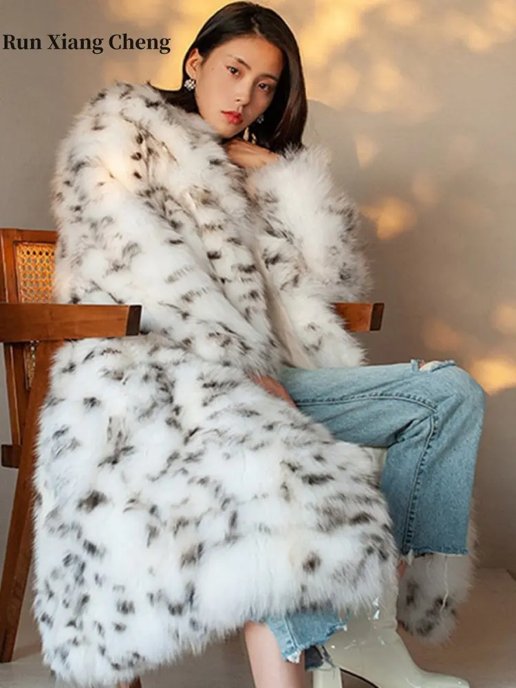Women's Winter Jacket 2023 New Leopard Print Luxury Designer Women's Plush Jacket Long Chic and Elegant Faux Fox Fur Coat Women