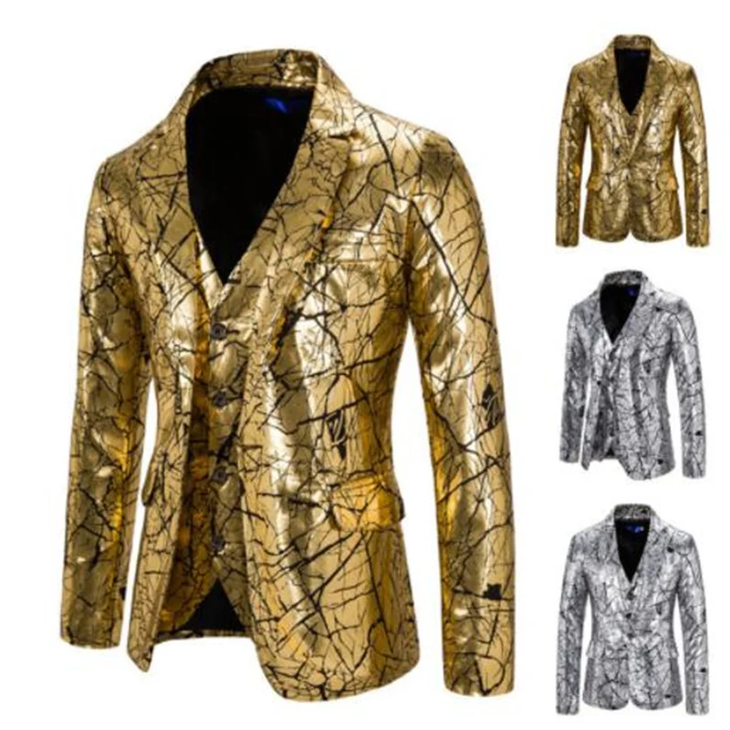 Men's bronzing suit dress crack print blazers two piece set singer stage clothing gold silver terno masculino costume homme