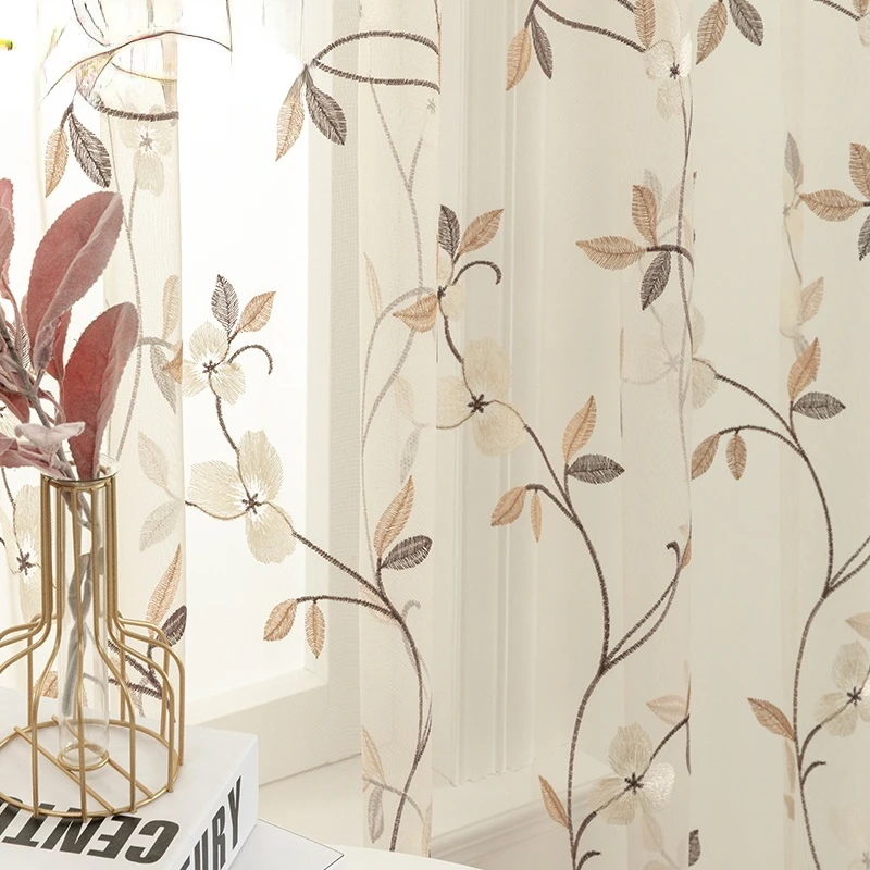 

2022 Embroidered Floral Sheer Curtains for Living Room Bedroom Voile Curtain for Kitchen Tulle Home Decor Drape Window Treatment