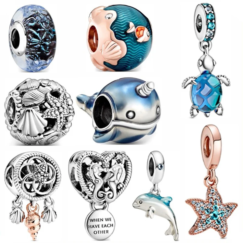 

New S925 Sterling Silver Ocean Series Fragrant Whale Blue Turtle Charm Fit Original Pandora Bracelet Necklace Woman Diy Jewelry