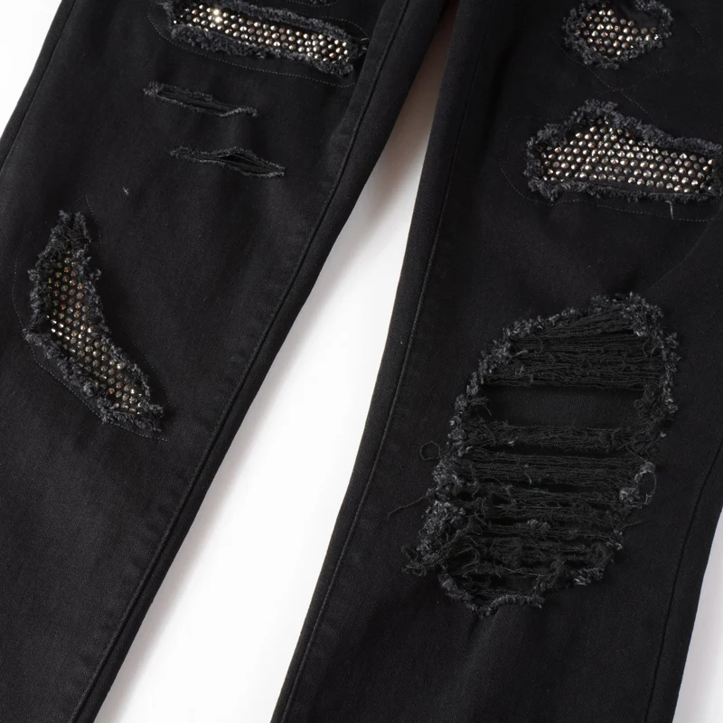 Fashion Streetwear Men Jeans Black Elastic Slim Fit Ripped Jeans Men Stretch Hole Trousers Patch Designer Brand Hip Hop Pants