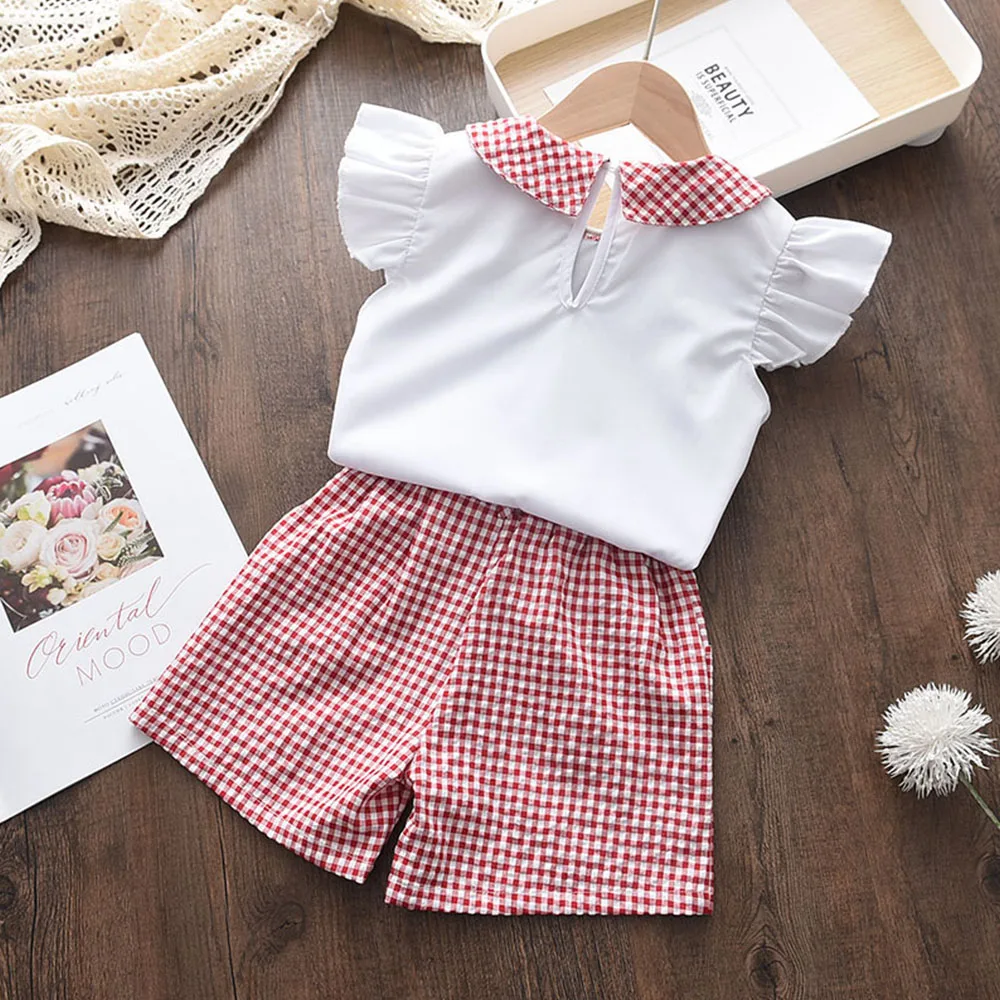Menoea Toddler Girls Clothes Sets 2022 New Summer Patchwork T-shirts + Plaid Bow Shorts Casual Outfits Baby Kids Clothing Suits | Детская