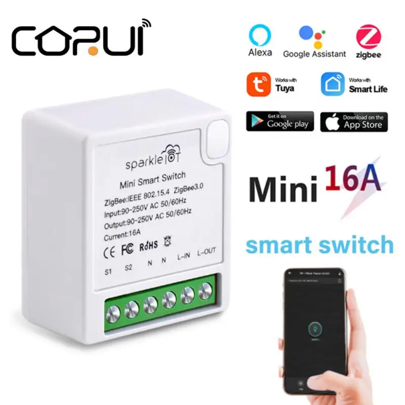 

Умный мини-переключатель CORUI Tuya Zigbee, 16 А, пульт дистанционного управления с двухсторонним управлением, поддержка Smart Life, Alexa, Google Home