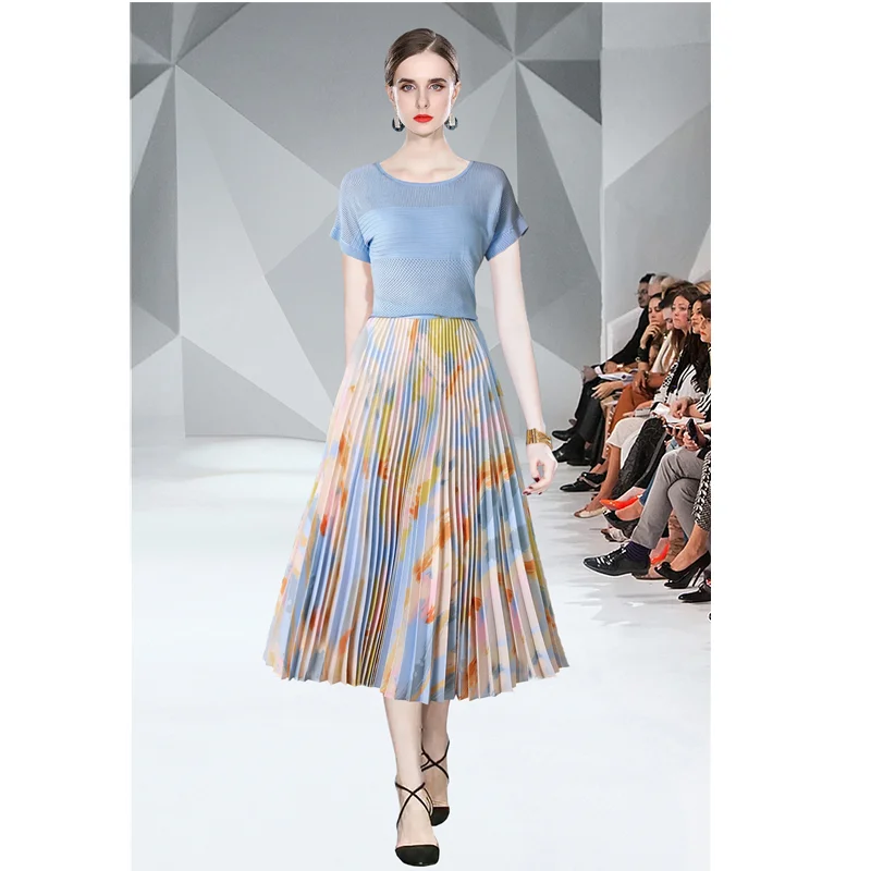 

Fashion Dress for Women Knitting Cotton Sweater Print Pleated Skirt Two Piece Set Summer Women Clothing Bohemian Folds Skirts