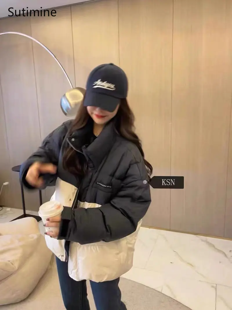 Winter Coat Women Office Lady Button Down Cotton Jacket Women Loose Splicing Color Contrast Cotton Jacket Pockets Winter Coat