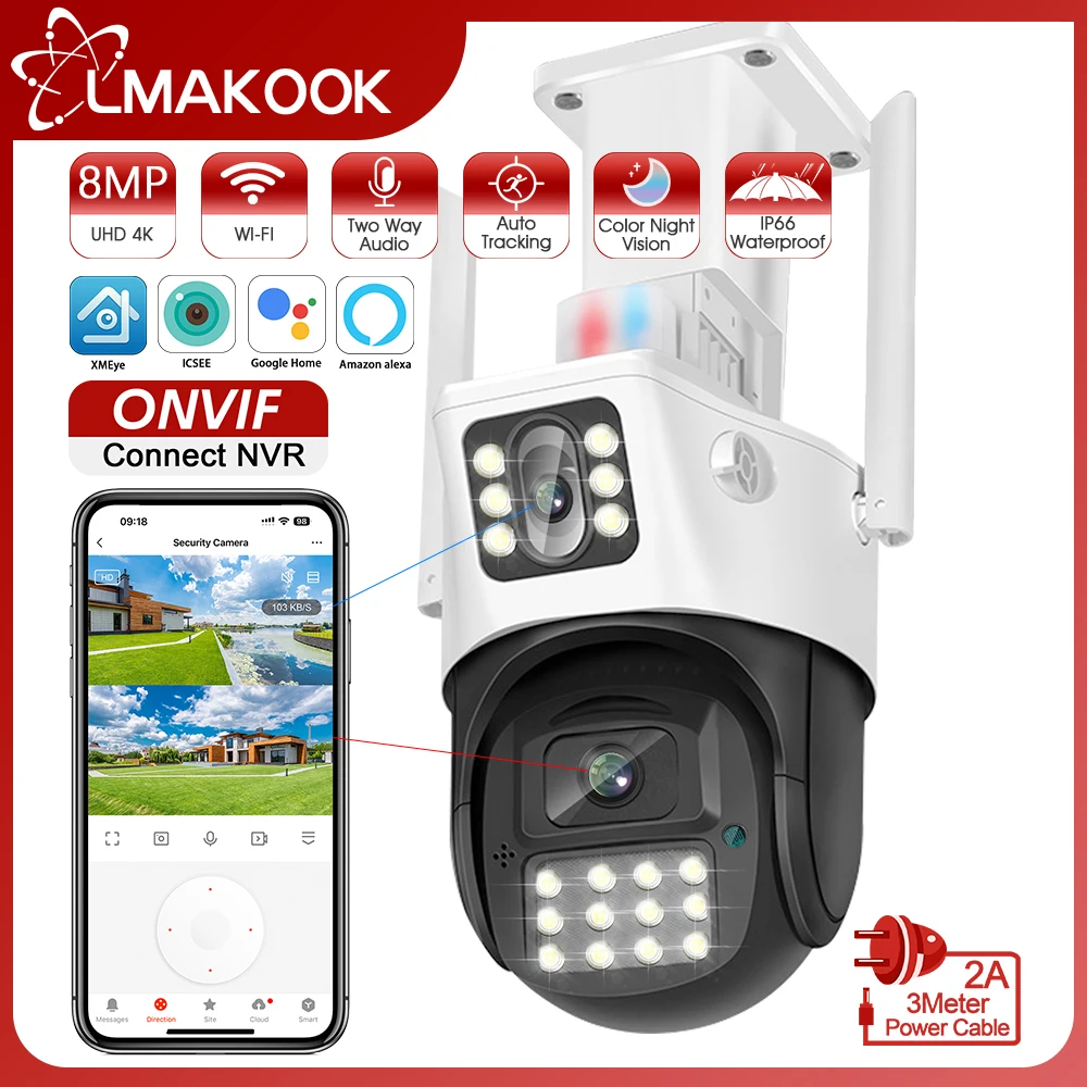 

LMAKOOK 4K 8MP Dual Lens PTZ WIFI Camera Dual Screen Ai Human Tracking Outdoor Security CCTV Surveillance IP Camera ICSEE PRO
