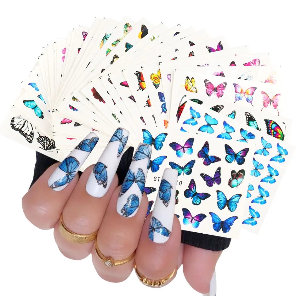 

30pc/Set Blue Nail Stickers Butterflies Flowers Black Pink Slider for Nails Water Manicure Decals DIY Decoration GLSTZ982-1017-3