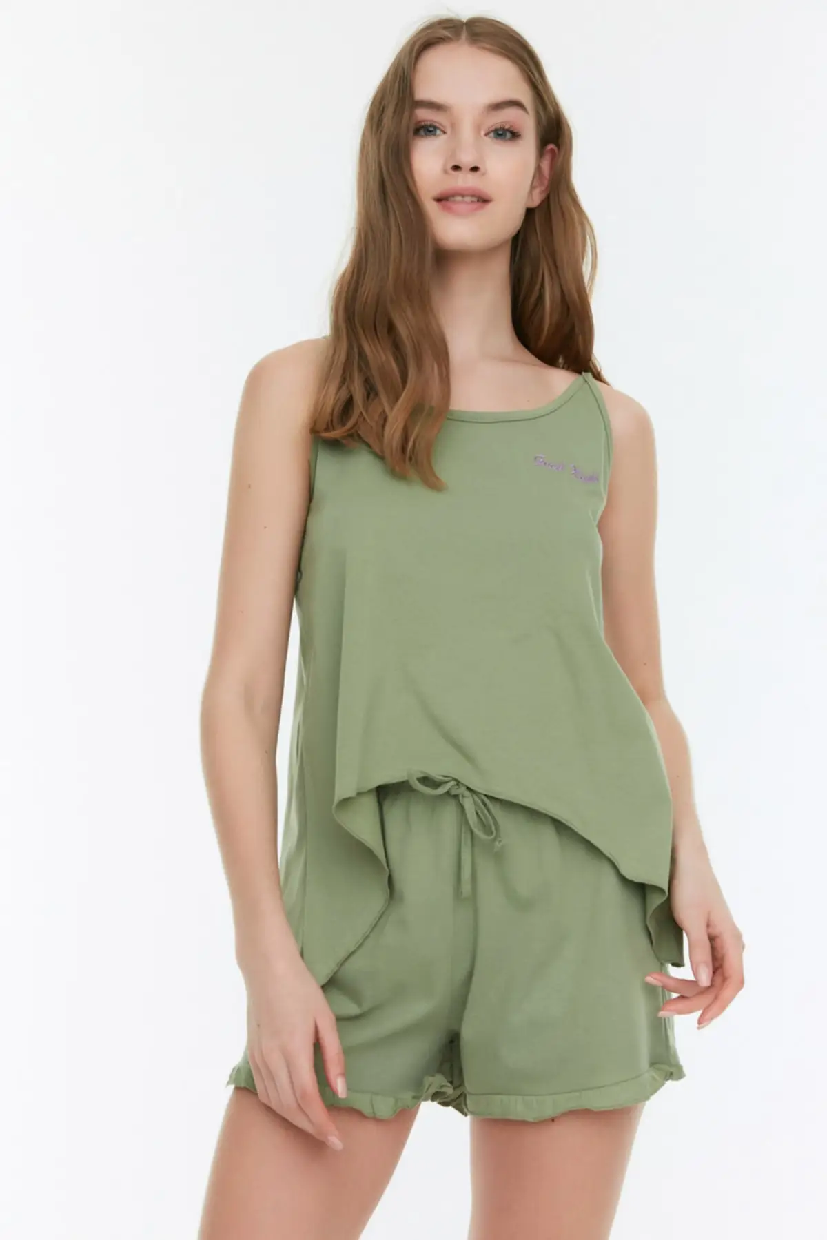 

Women's Pajamas Mint embroidery Knitted Sleep Lounge Pajamas Nightwear Sleepwear Night Suit Casual Home Clothing