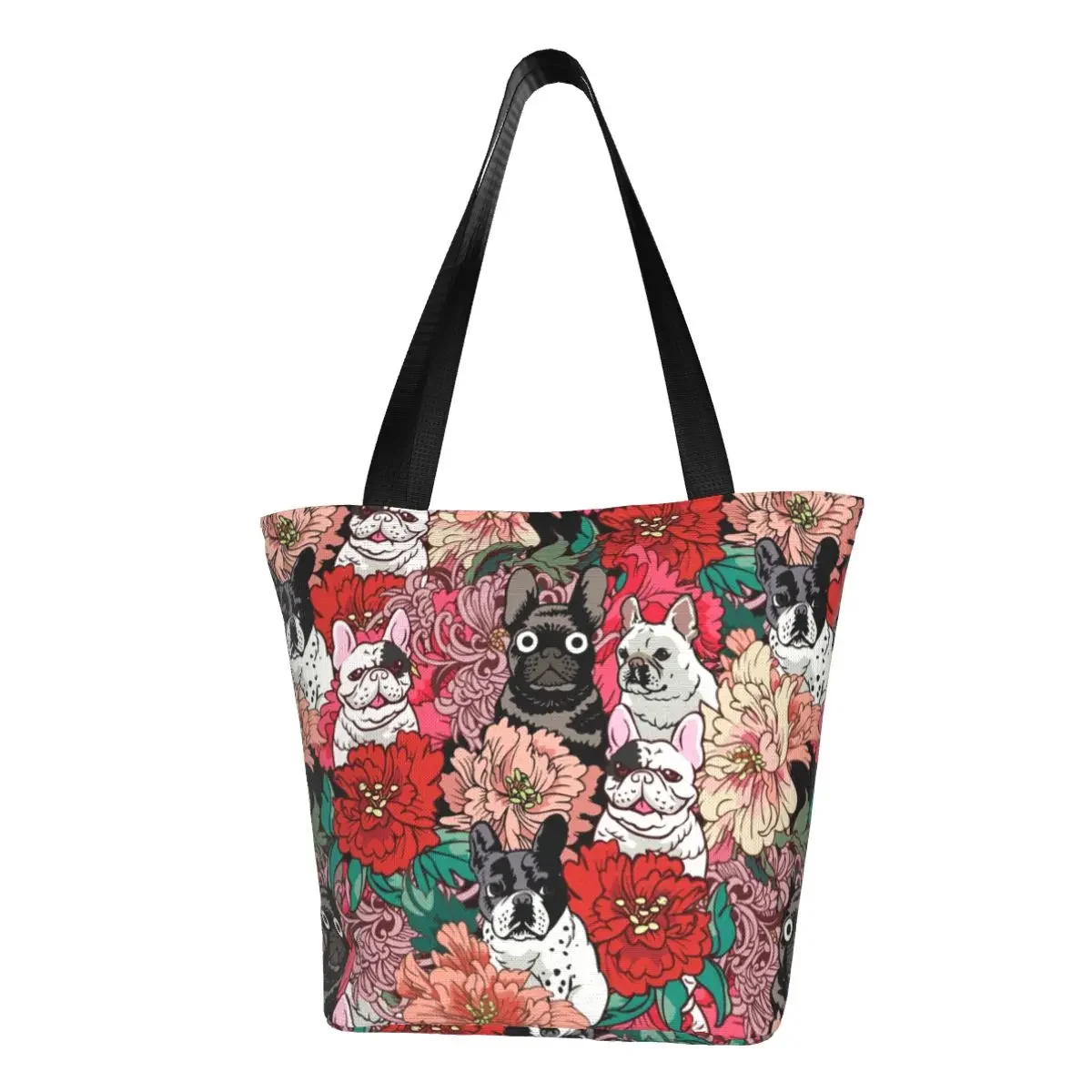 

Cute French Bulldog Flowers Shopping Tote Bag Reusable Frenchie Dog Lover Grocery Canvas Shopper Shoulder Bag