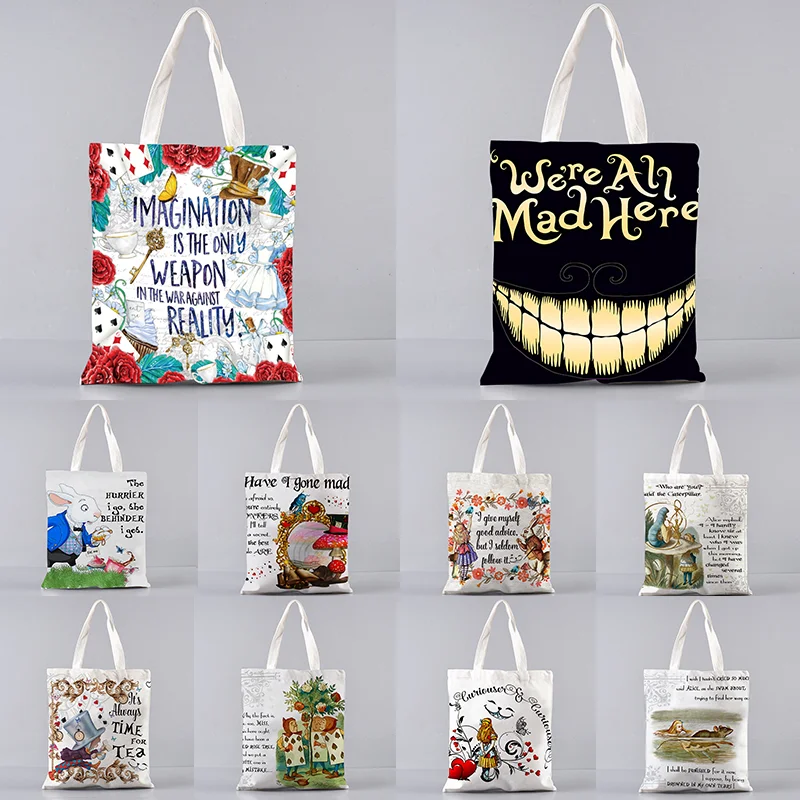 

Women Alice in we Wonderland Printed girl handbag Tote Shoulder Lady Bag Kawaii Bag Harajuku Shopping Canvas Shopper Bag