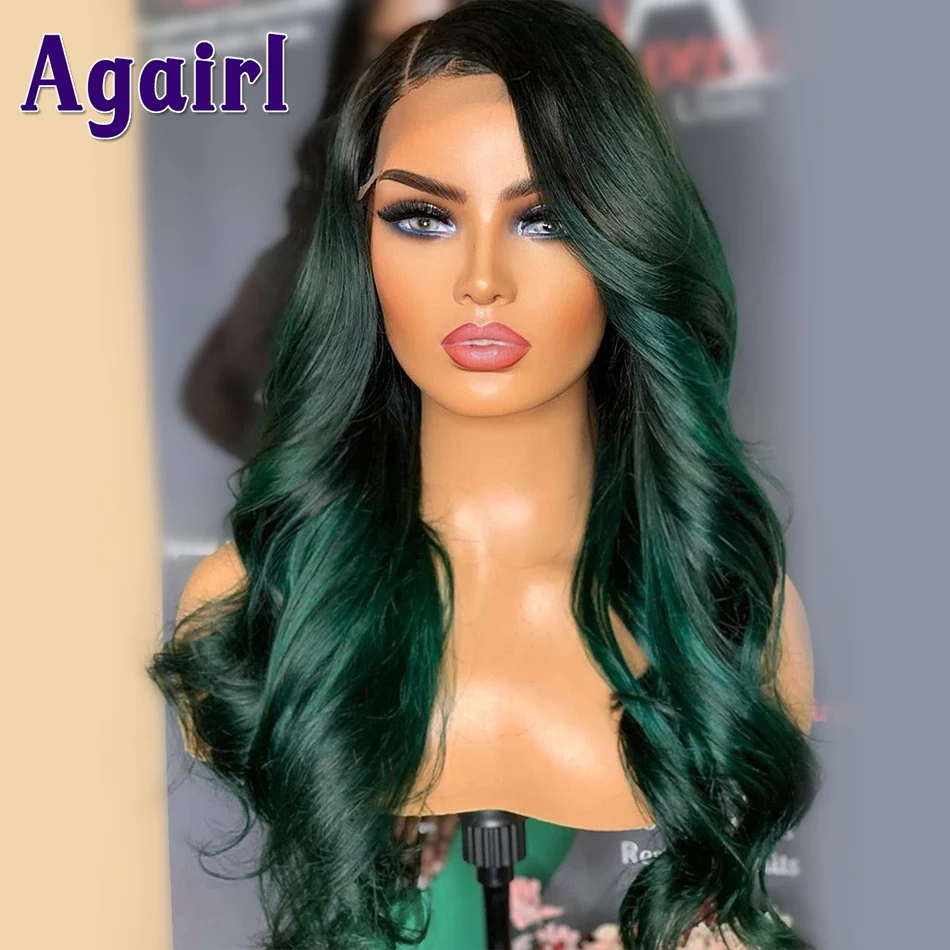 Green Highlight 13X6 Body Wave Human Hair Wigs 13X4 Wavy Lace Frontal Wig Dark Green Pre Plucked 5X5 Lace Closure Wig for Women