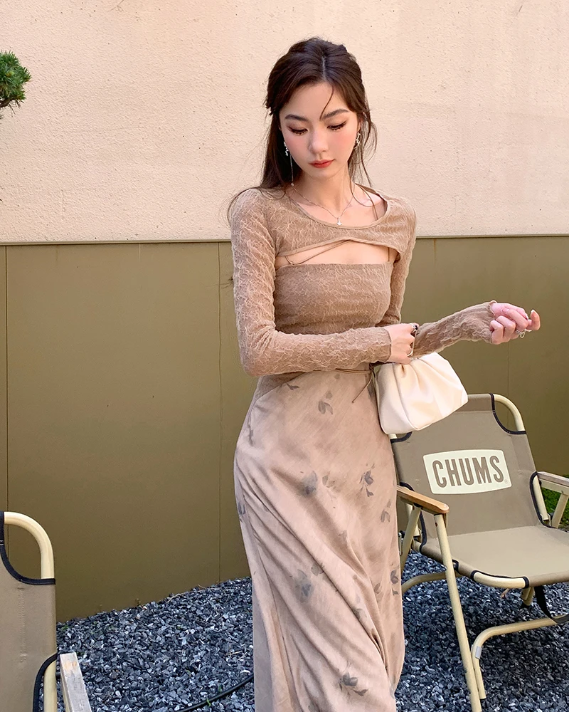 

dresses for women 2022 summer new gentle temperament Chinese ink floral Streetwear long Dress women suspender Blouse suit