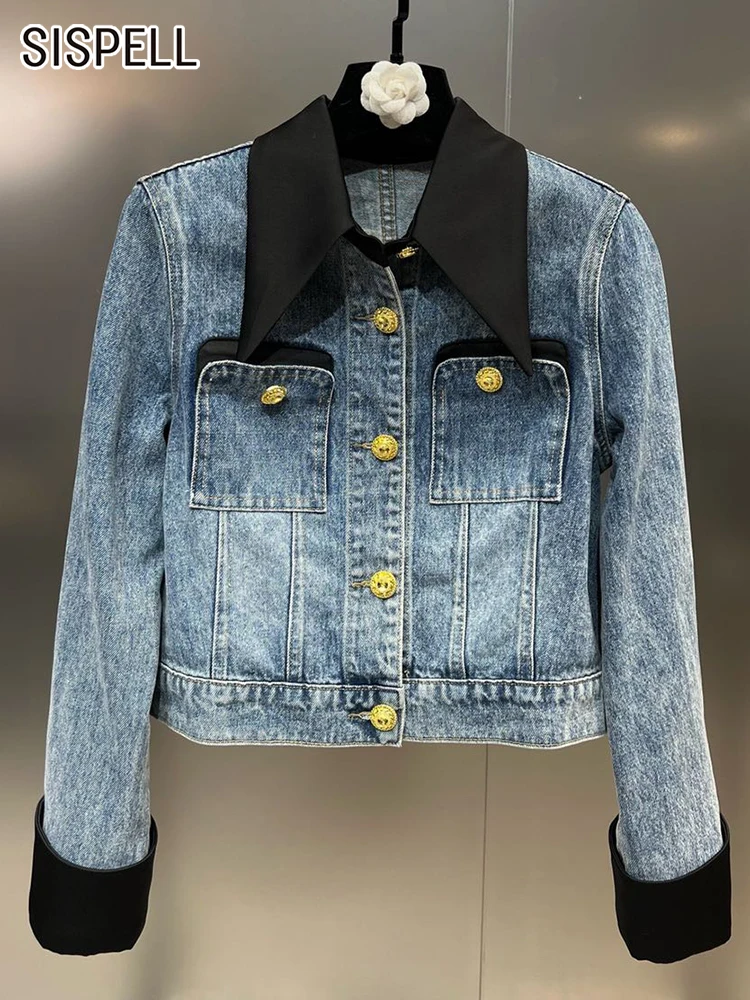 

SISPELL Hit Coloe Denin Jackets For Women Lapel Long Sleeve Patchwork Single Breasted Hit Color Y2k Style Jacket Female 2022 New