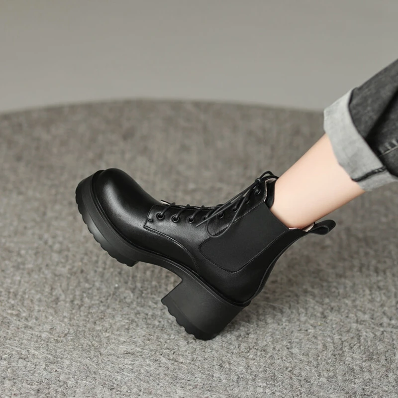 NEW Autumn Boots Women Genuine Leather Round Toe Platform Boots Height Increasing Lace-up Casual Boots Solid Short Boots Women