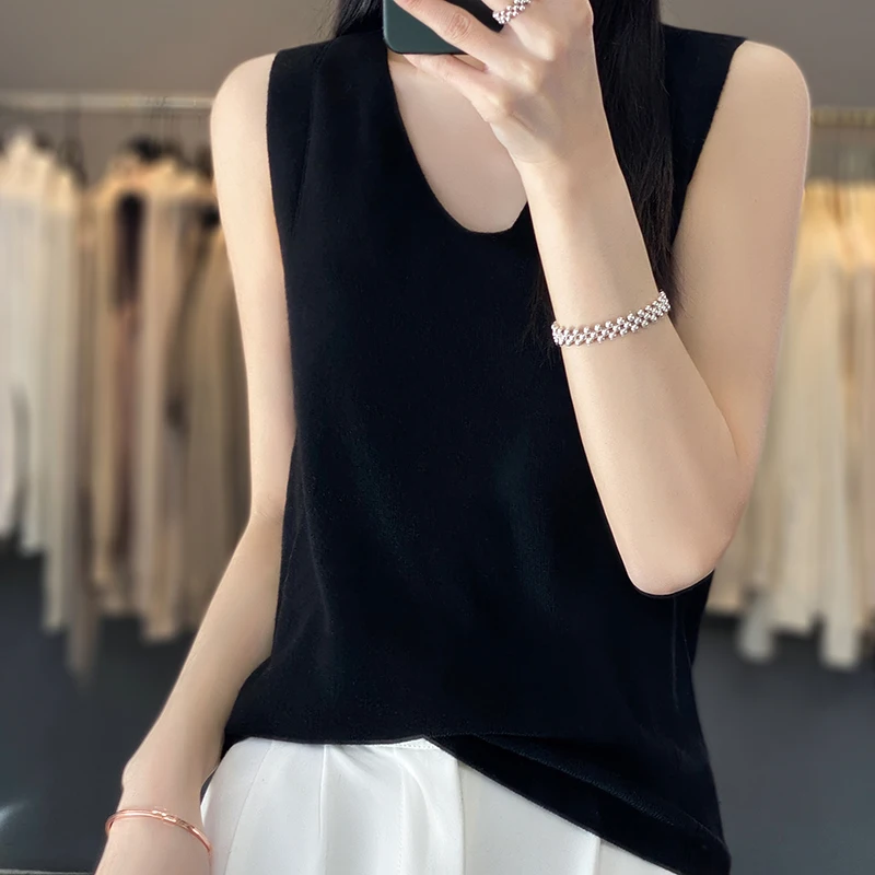 

Women's T-shirt Summer New 100% Pure Wool Sweater Sleeveless Casual Solid Color Knitwear Ladies Tops V-neck with suspenders