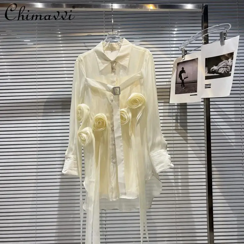 

2022 Spring New Fashion Three-Dimensional Flower Cloth Strip with Suspenders Mid-Length Gauzy Shirt Loose Thin Elegant Blouse