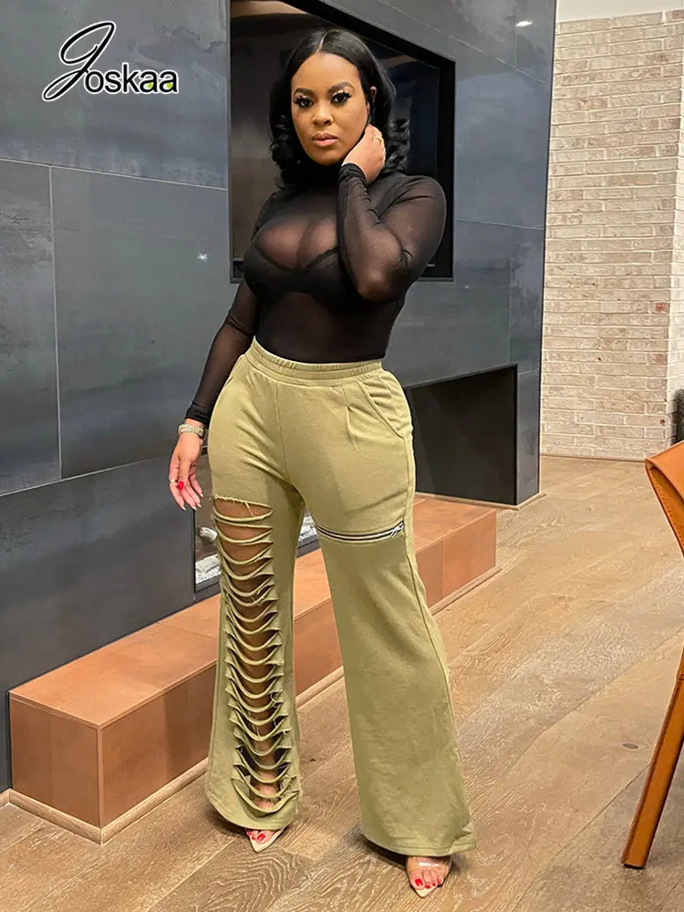 

Joskaa Khaki Hollow Out Trousers Women Clothing Spring 2023 Sexy High Waisted Straight Pants Female Bottoms Vintage Streetwear