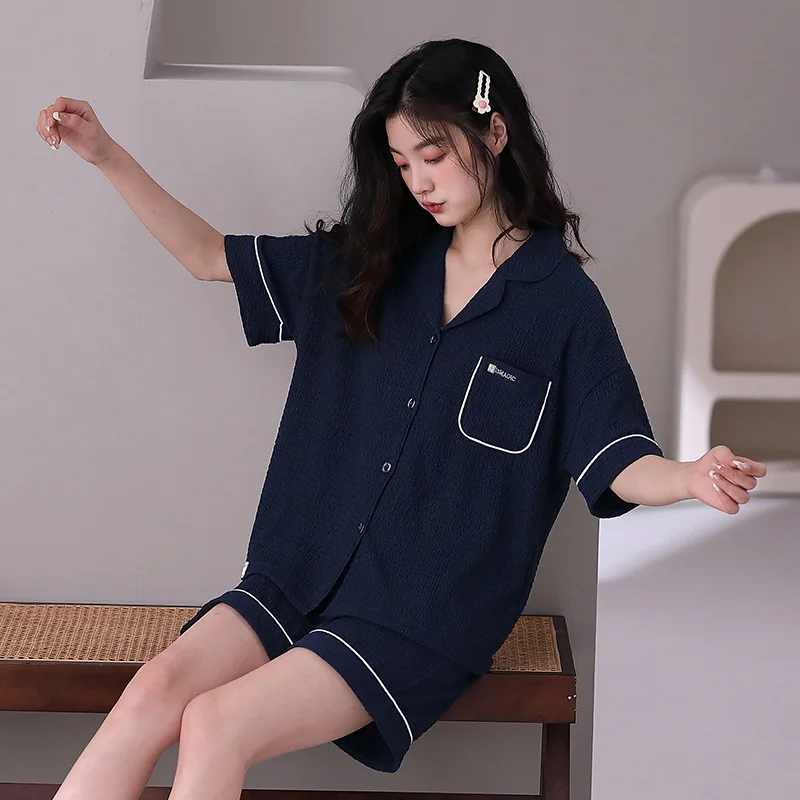 Cotton Women Pajamas Sets Pocket Pyjamas Female Loungewear Button Down Pijamas Short Sleeve Top Shorts Suit Sleepwear Nightwear