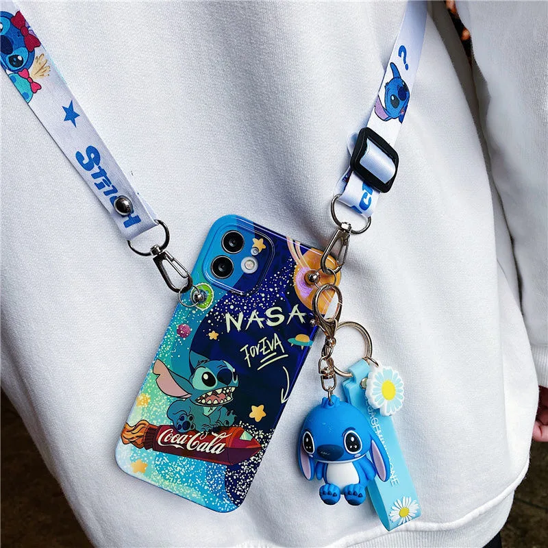 

Disney Stitch Cartoon Phone Case with Lanyard HolderPhone Cases For iPhone 13 12 11 Pro Max Mini XR XS MAX 8 X 7 SE Back Cover