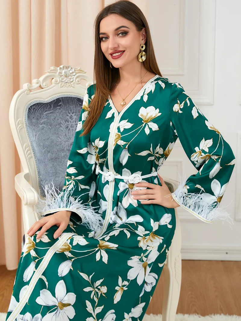 Women Muslim Abaya Floral Print Full Sleeve Elegant A-Line Belted Dress Moroccan Kaftan Ladies Dresses Islamic Clothing Ramadan