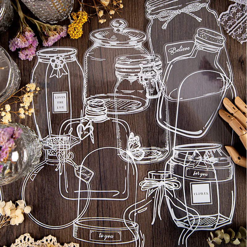

20sheets/pc PET Stationery Stickers Glassware Scrapbook Planner Decor Stickers Transparent Bottle Decorations Stickers Label