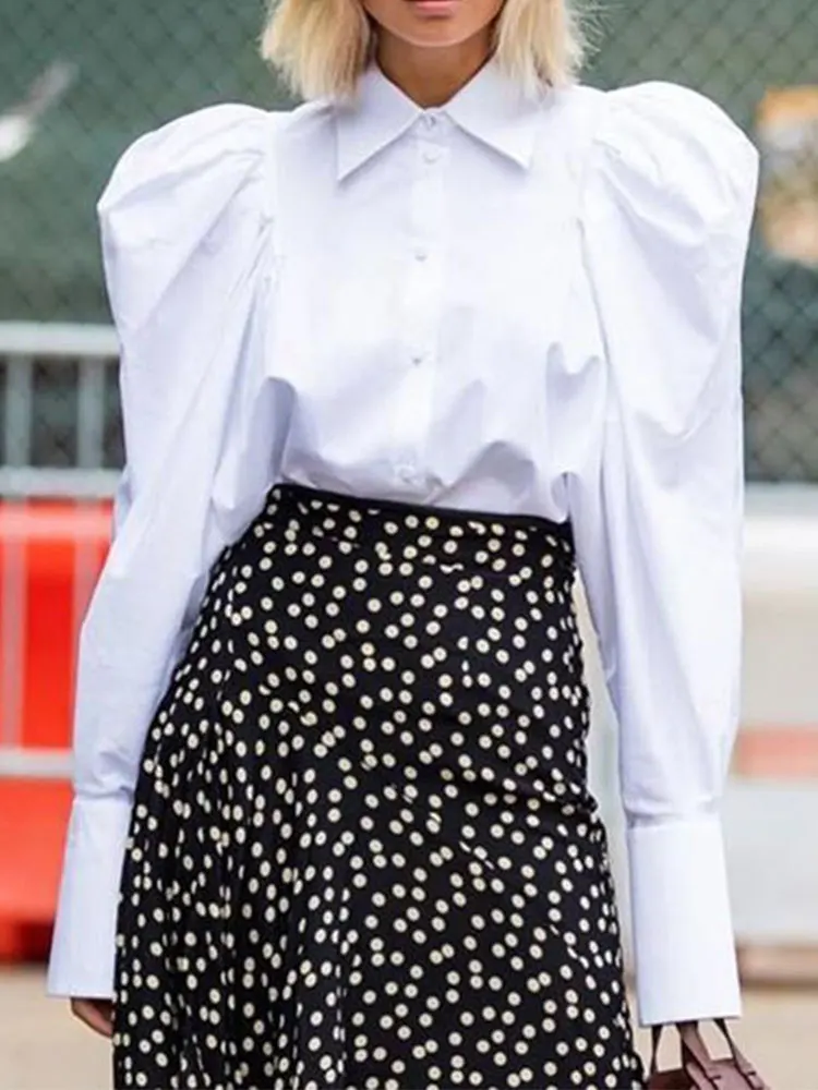 

Spring And Summer New Bubble Sleeve White Shirt Temperament Elegant Ladies Blouse White Lapel Button Down Shirt