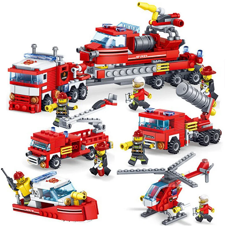 

Toys For Children City Fire Fighting Car Helicopter Boat Model Kit Boy DIY Assembled Building Blocks Bricks Kids Christmas Gifts