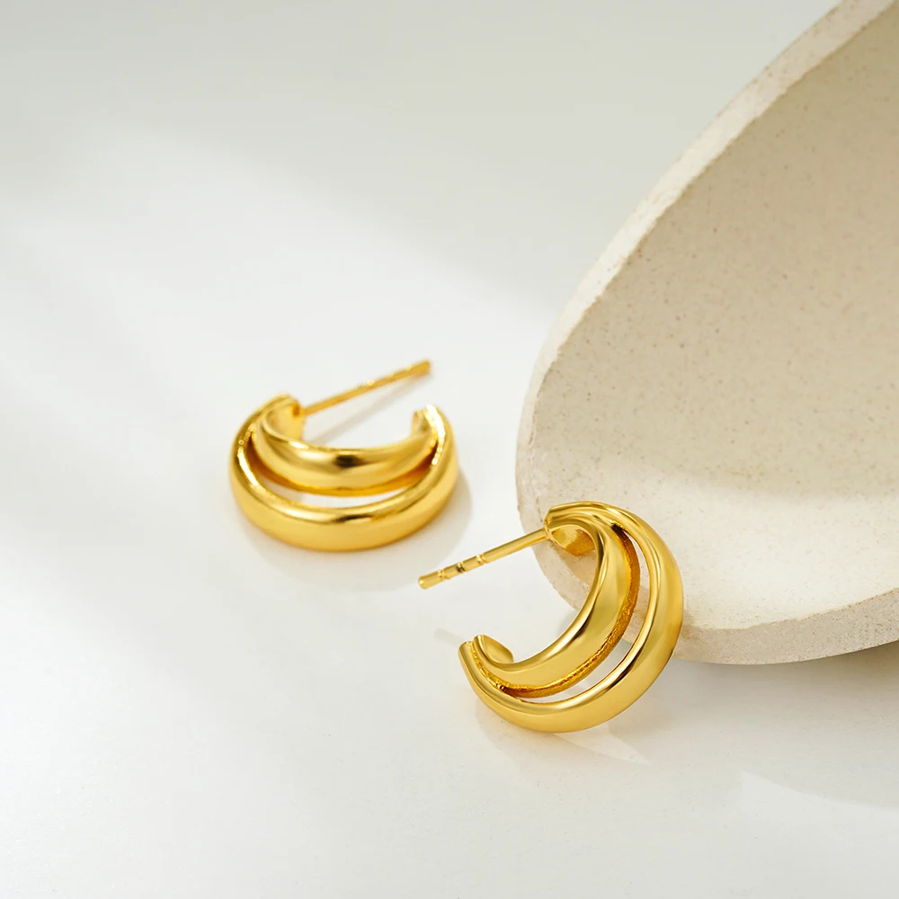 Женские двойные круглые серьги-кольца винтажные золотистые/Серебристые из