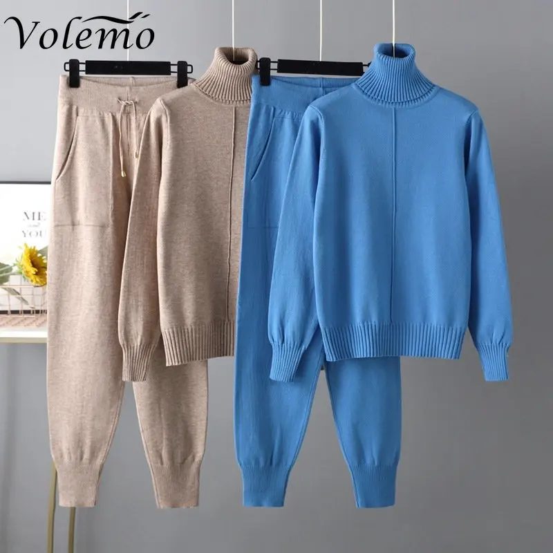 

2023New 2 Pieces Set Women Knitted Tracksuit Turtleneck Sweater Carrot Jogging Pants Pullover Sweater Set CHIC Knitted Outwear