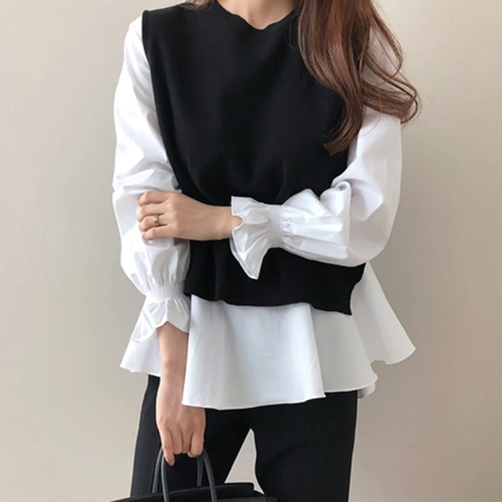 

Women Two-Piece Suit Ruffles 2 PCS Blouse Knitted Black Vest Sets Fashion Elegant Casual Office Lady Spring Autumn Tops Blue