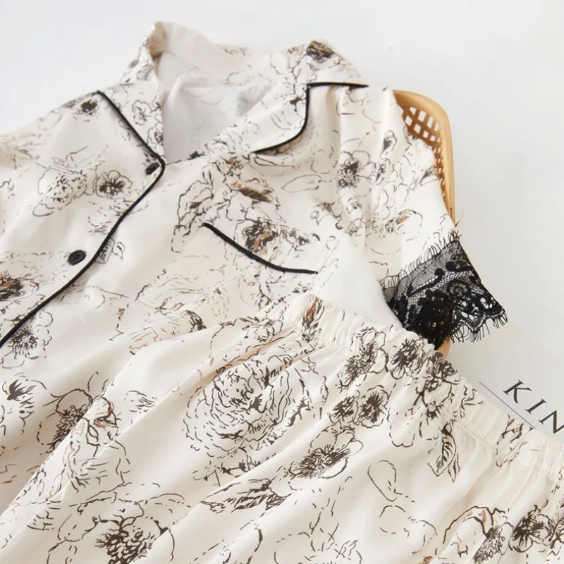 Лето 2024 Женский Атласный пижамный комплект из двух предметов с кружевными