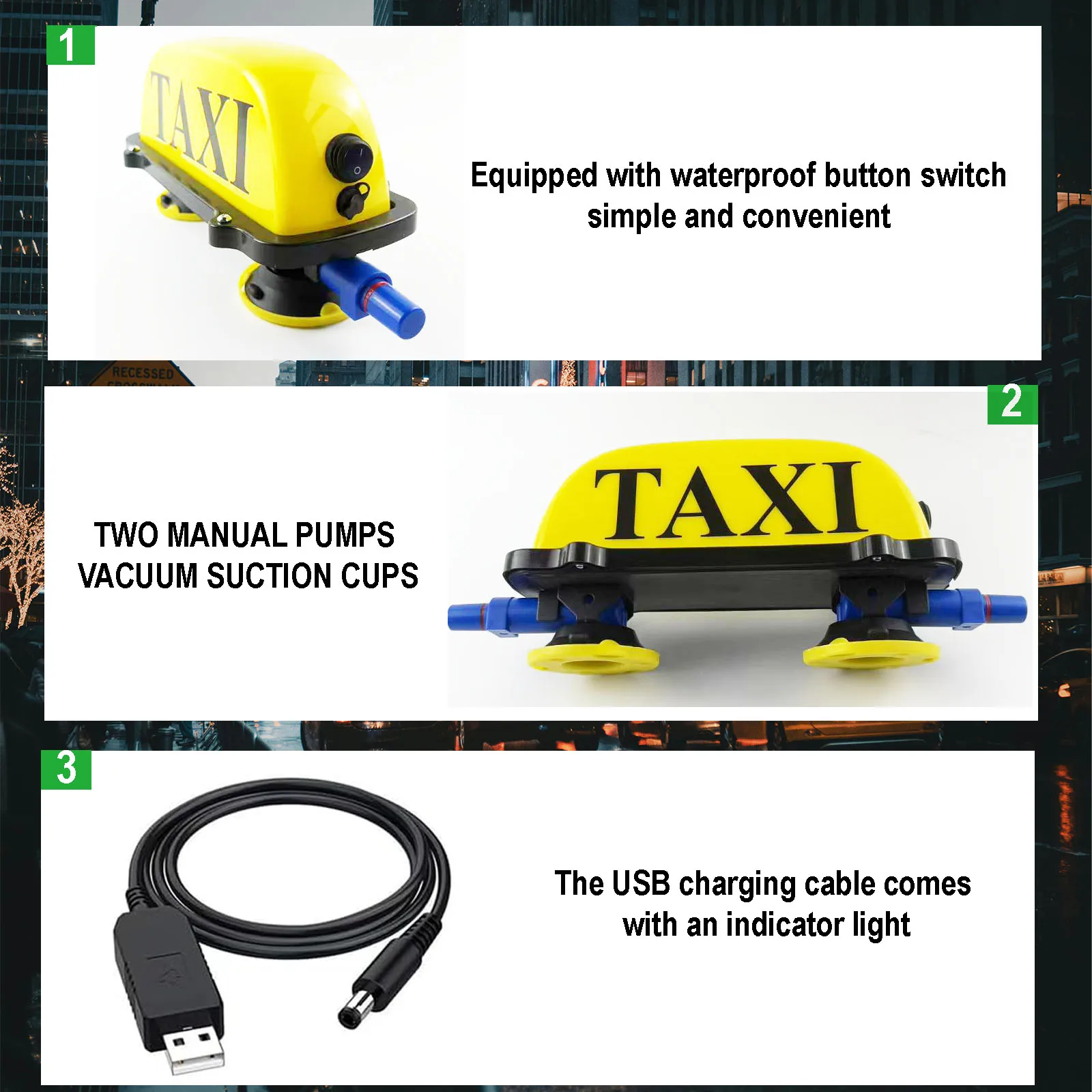 Фото Перезаряжаемый через USB фонарь для такси с двумя ручными вакуумными насосами на присоске, герметичные и водонепроницаемые фонари для вывески TAXI, желтый корпус №4