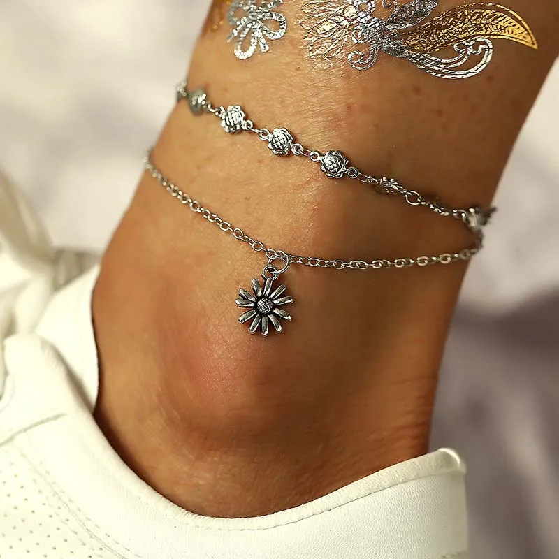 

Vintage Multilayer Anklets For Women Moon Sun Stars Daisy Bee Shell Pendant Charm Anklet Bohemia Foot Beach Barefoot Jewelry