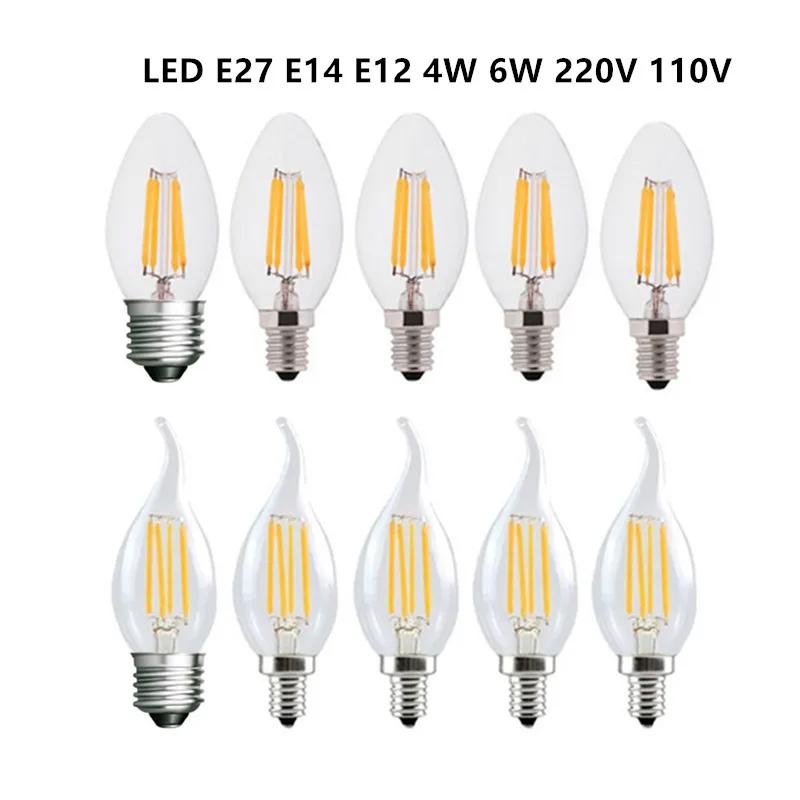 10PCS LED Filament Bulb E14 E27 E12 C35 C35L 220V 110 4W 6W Warm White Dimmable Glass 360 Degree Edison Retro Candle Light Blubs