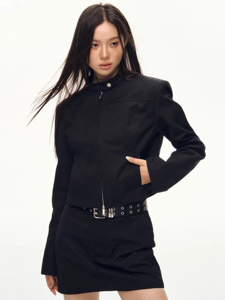 HOUZHOU черные укороченные куртки-бомберы женские Y2k винтажные базовые