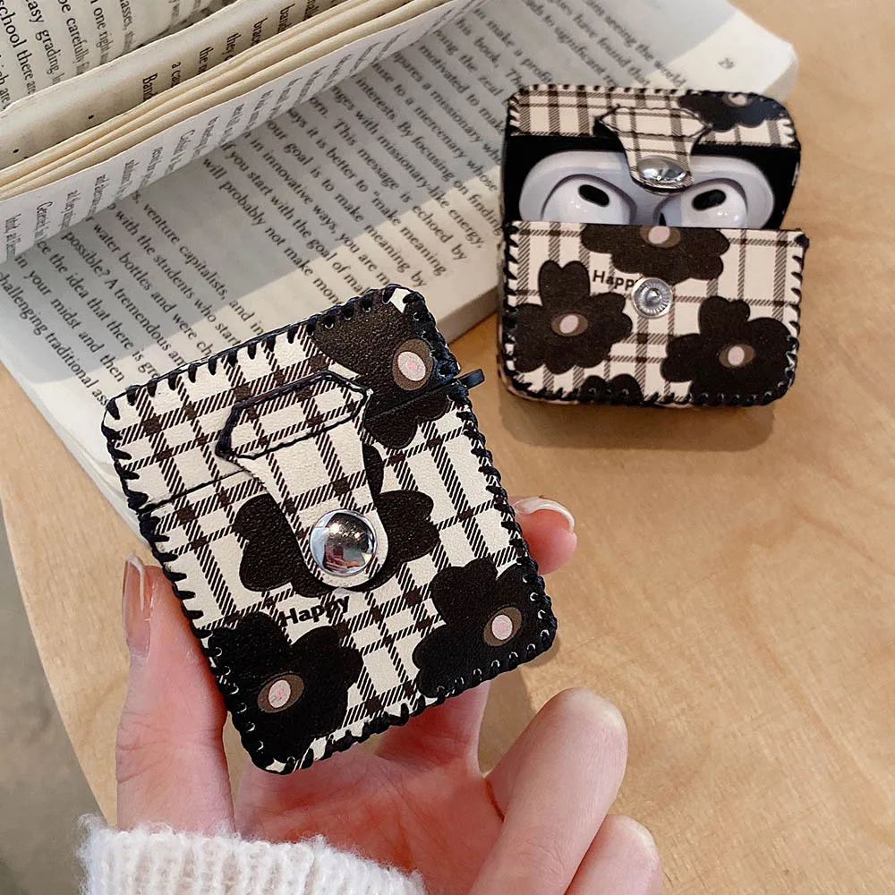 

Black Flower Airpods Case For Apple Air pods 2 1 3 Soft Leather Cover For AirPod Pro Vintage Lattice Silicone Protection Shell