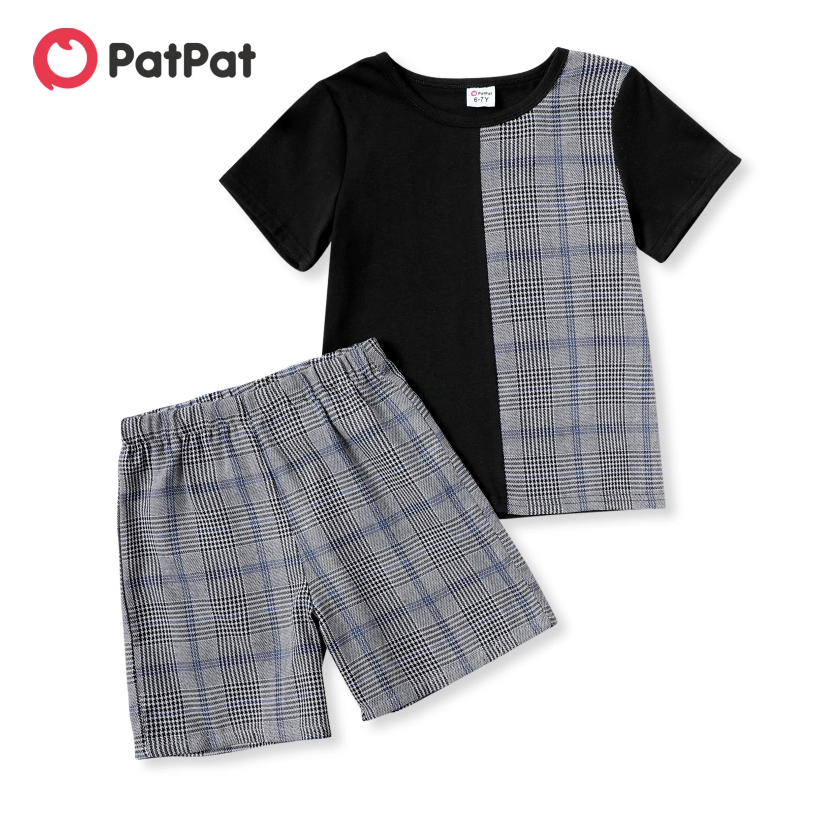 

PatPat 2-piece Kid Boy Plaid Colorblock Tee and Elasticized Shorts Casual Set