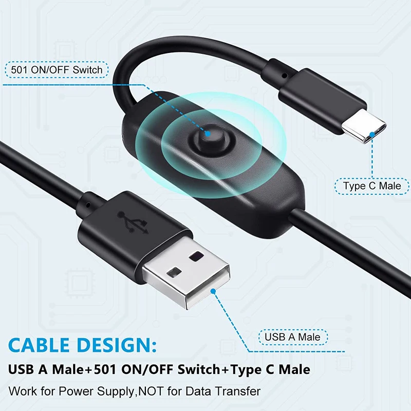 Фото USB-Type C кабель переключателя постоянного тока 5 В, 2 А, удлинитель питания, провод питания, белая, черная, стандартная линия переключения кнопок для вентилятора лампы №2