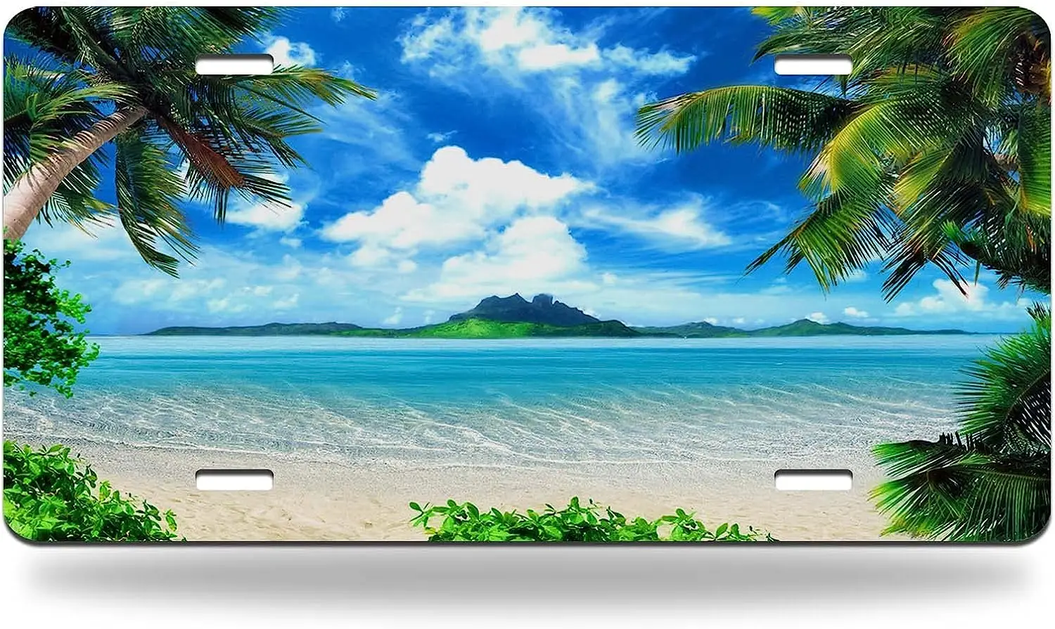

Beach Palm Trees Front License Plate Tropical Coast Sea Island Green and Sky Large Clouds License Plate Cover Auto Truck Car