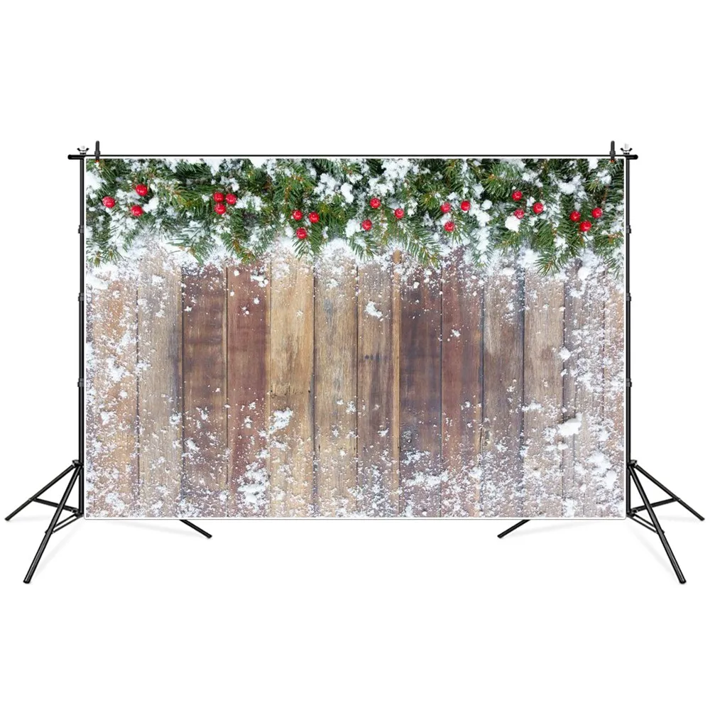 

Christmas Snowflake Pine Holly Leaves Wooden Board Photography Backdrops Custom Baby Party Decoration Photo Booth Backgrounds