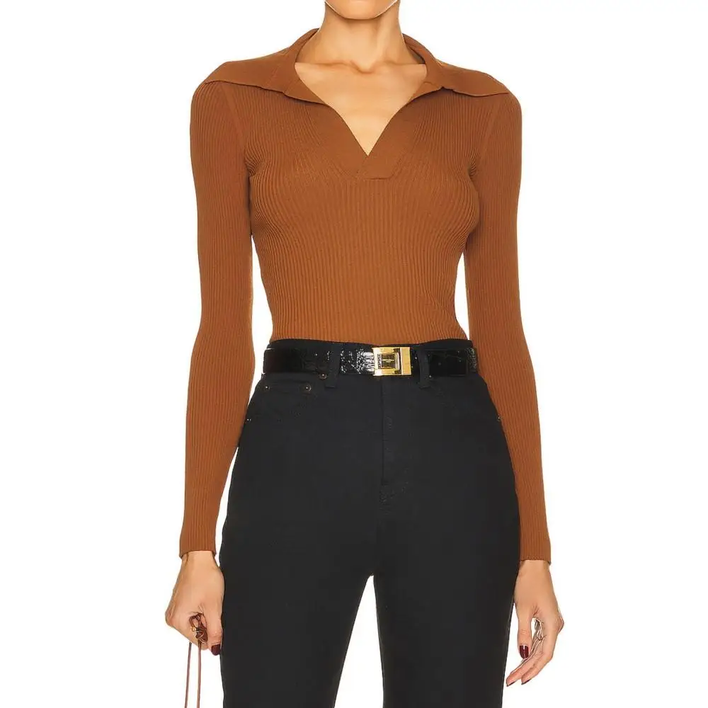 

Ladies Winter Long Sleeve Pullover V-Neck Pure Color Tight Rib Sweater Viscose Polyamide Thermal Leisure women's Clothing