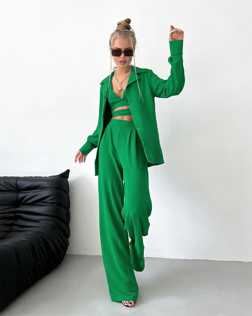 

Casual Women's Green Suit Bubble Wrinkled High Waist Wide Leg Pants Three Piece Set 2022 Autumn Fashion Tide
