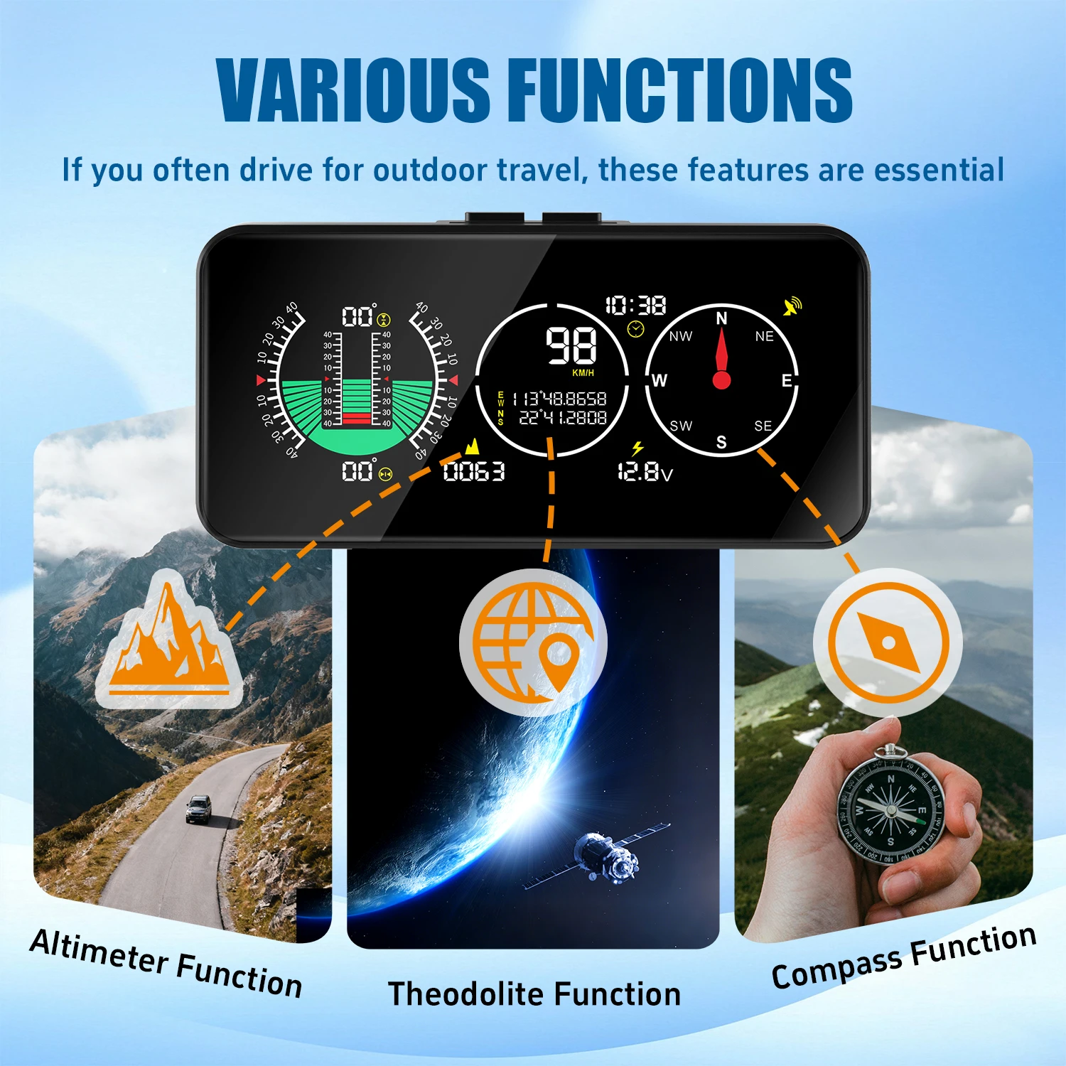Фото Автомобильный HUD-дисплей: GPS-спидометр, компас, высотомер, инклинометр для бездорожья, показатель баланса №1