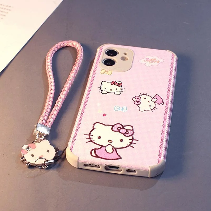 

Sanrio Hello Kitty Pink KT Cat Wrist Strap Cell Mobile Iphone Case For IPhone 13 12 11 Pro Max XS XR 7 8 Plus Soft Cover