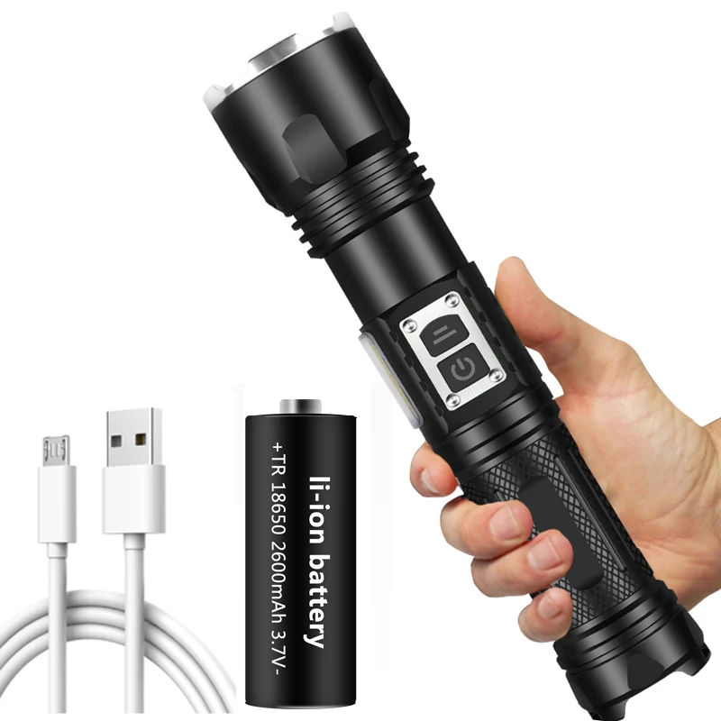 

Светодиодный фонарик 18650 лм XHP160, USB перезаряжаемый аккумулятор, алюминиевый фонарь с внешним аккумулятором, водонепроницаемый фонарь для ке...
