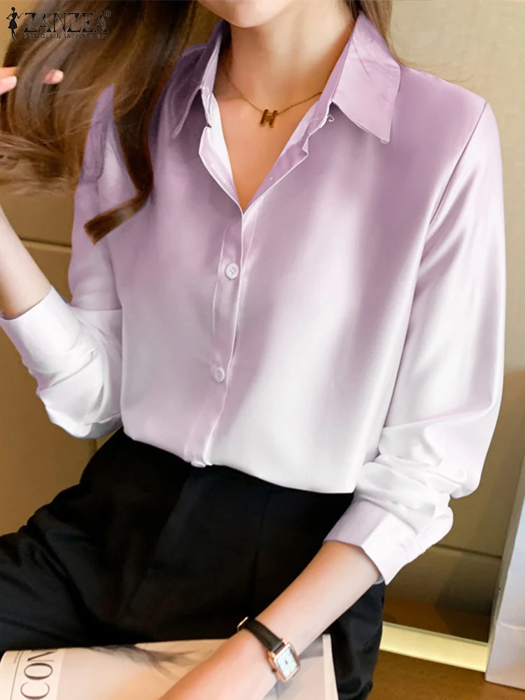 

ZANZEA Stylish Spring Lapel Neck Women Gradient Color Long Sleeve Buttons Down Blouse Shirt Female Casual Work Blusas Chemise